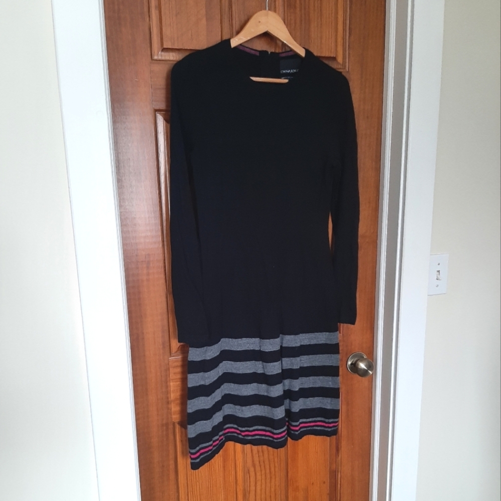 CYNTHIA ROWLEY Black and Gray Striped Long Sleeve Merino Wool Sweater Dress